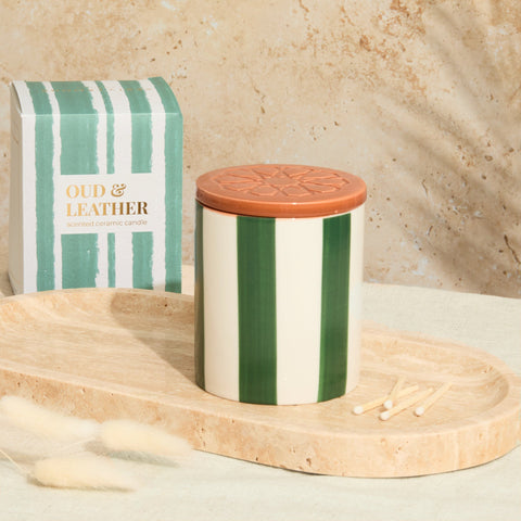 Marrakesh: Olive Striped Candle - Oud & Leather