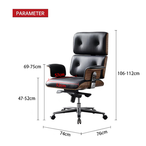 Modern E69 High Back Office Chair, Black Premium Leather/ Walnut