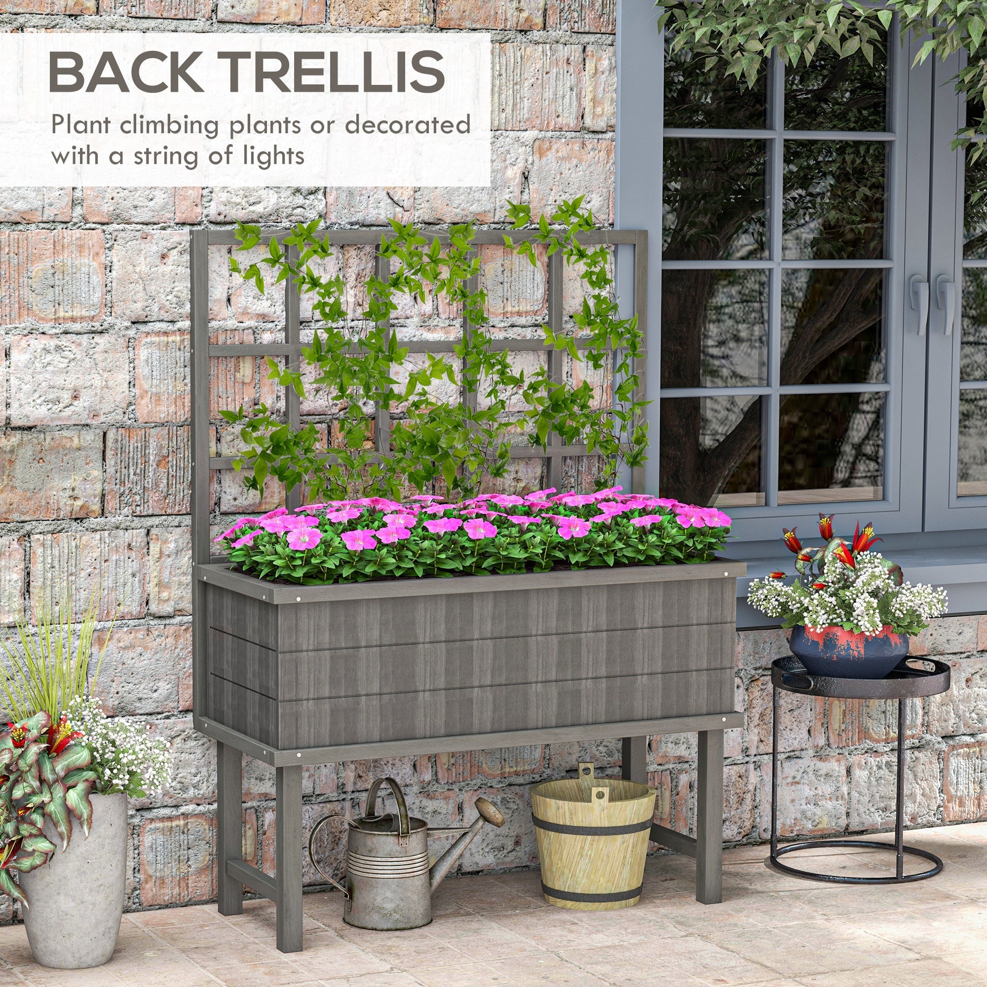 Outsunny 45 x 105cm Wooden Garden Planter, with Trellis - Grey
