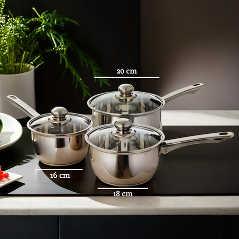 Crosse Set of 3 Stainless Steel Saucepans with Glass Lids