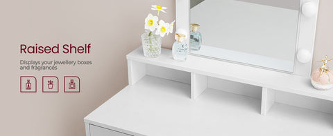 VASAGLE Dressing Table, LED Lights with Adjustable Brightness, Vanity Table with Mirror, 2 Drawers and 3 Compartments