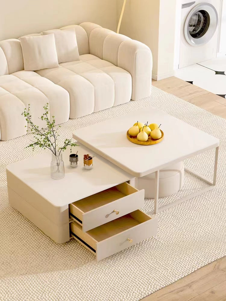 Eclipse Nesting Coffee Table Set With Matching Ottoman, Cream
