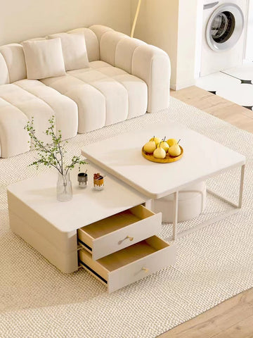 Eclipse Nesting Coffee Table Set With Matching Ottoman, Cream