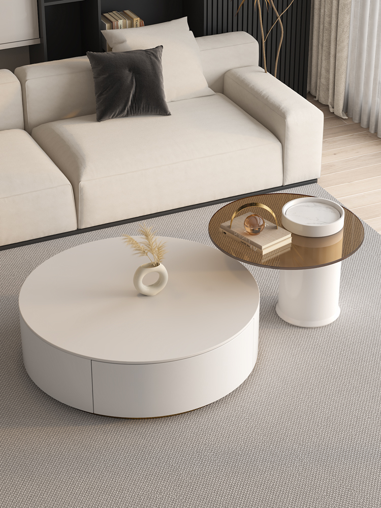 Riviera Round Nesting Coffee Table Set With Ottoman, White