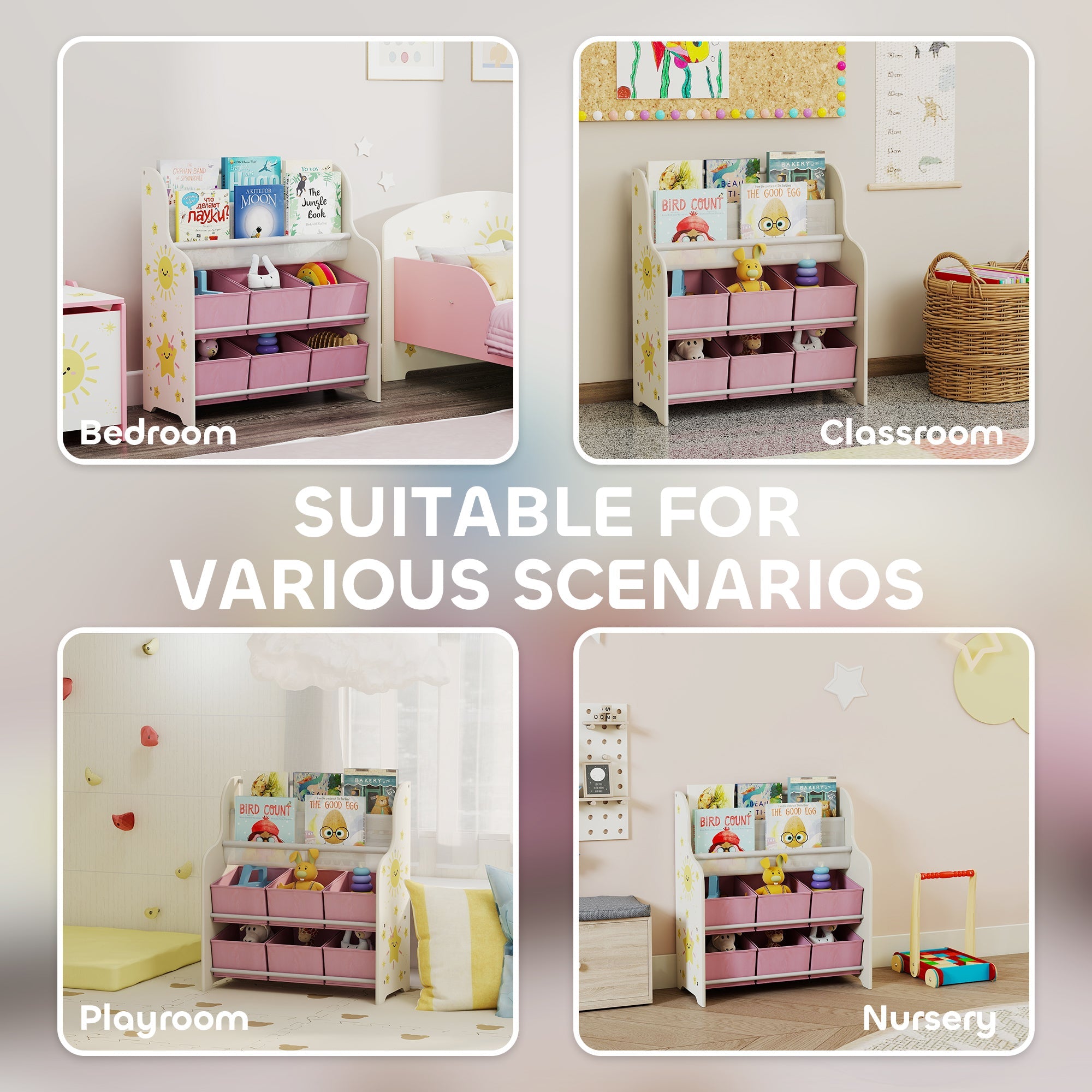 AIYAPLAY Kids Storage Unit, Toy Organiser with 6 Fabric Drawers and 2-Tier Sling Book Rack for Bedroom, Playroom, Nursery, Pink