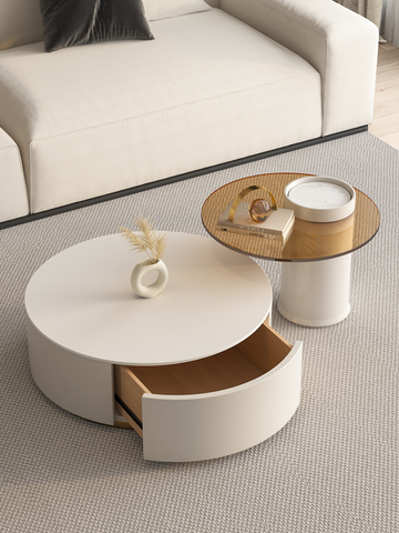 Riviera Round Nesting Coffee Table Set With Ottoman, White