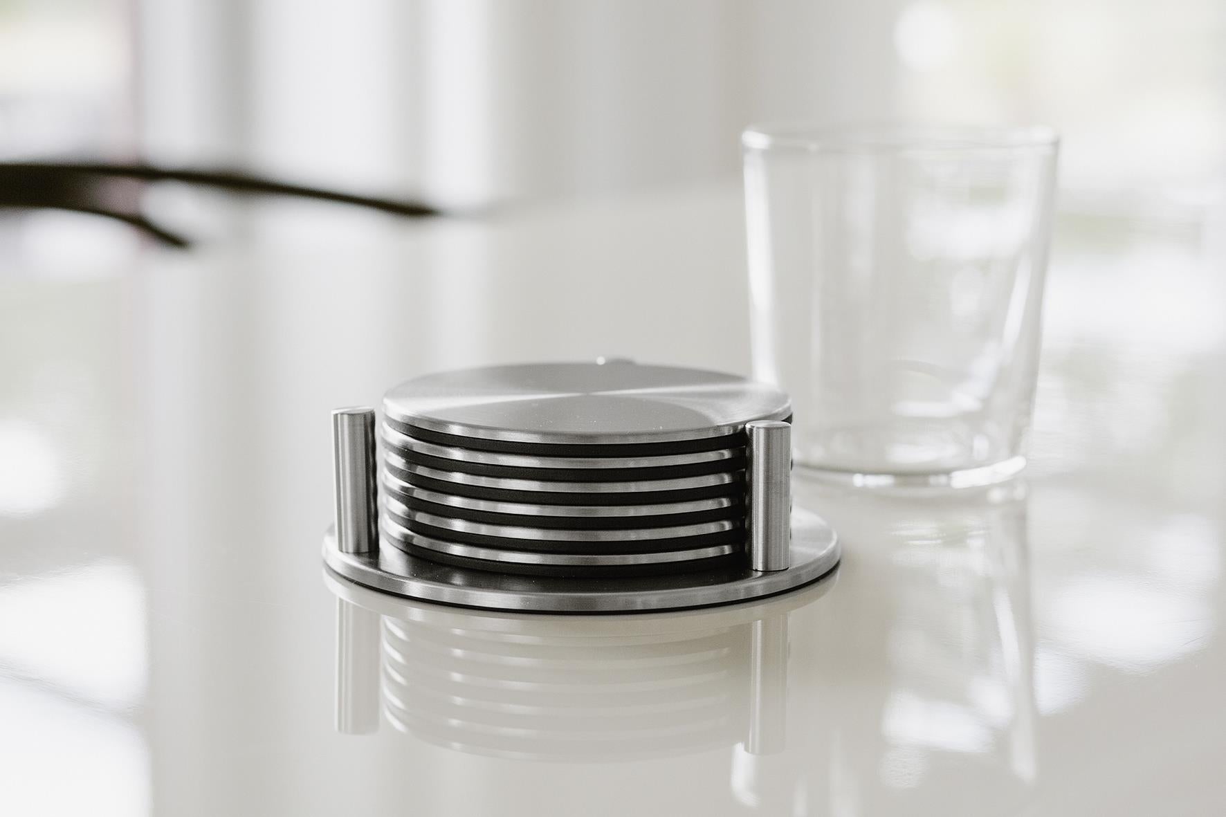 Zack Regio Brushed Stainless Steel Coaster Set with Stand | Set of 6