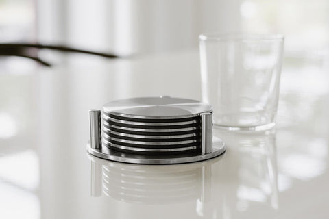 Zack Regio Brushed Stainless Steel Coaster Set with Stand | Set of 6