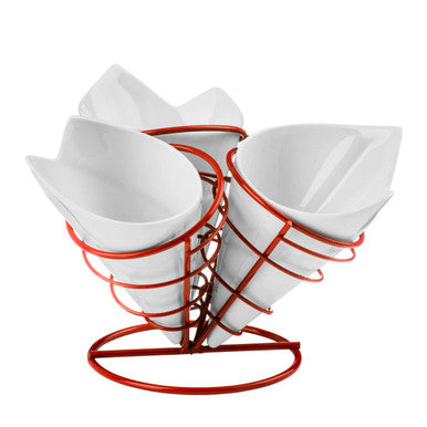 Hollywood 3 French Fry Cones With Red Metal Stand Set