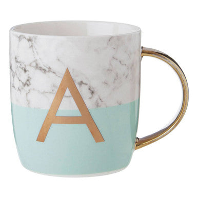 Frosted Deco Marble Effect and Pastel Green Monogram Mug, A