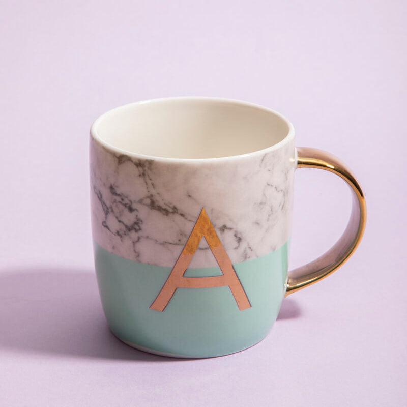 Frosted Deco Marble Effect and Pastel Green Monogram Mug, A