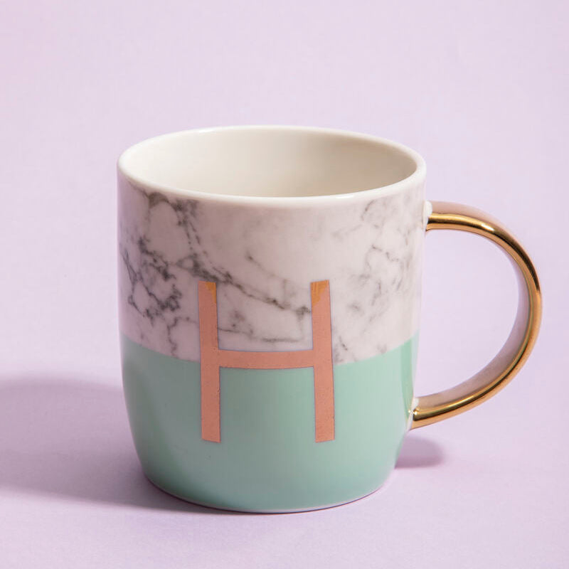 Frosted Deco Marble Effect and Pastel Green Monogram Mug, H