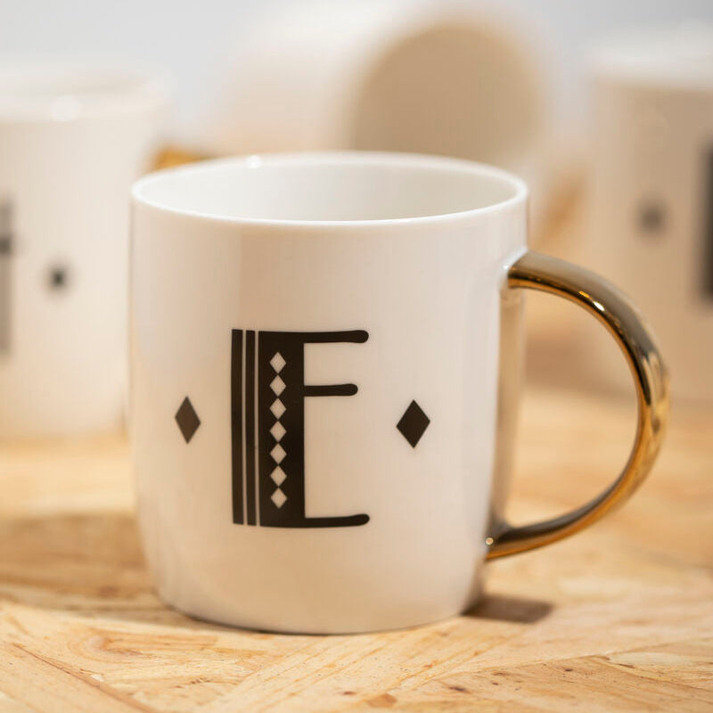 Diamond Deco White Monogram Mug, E
