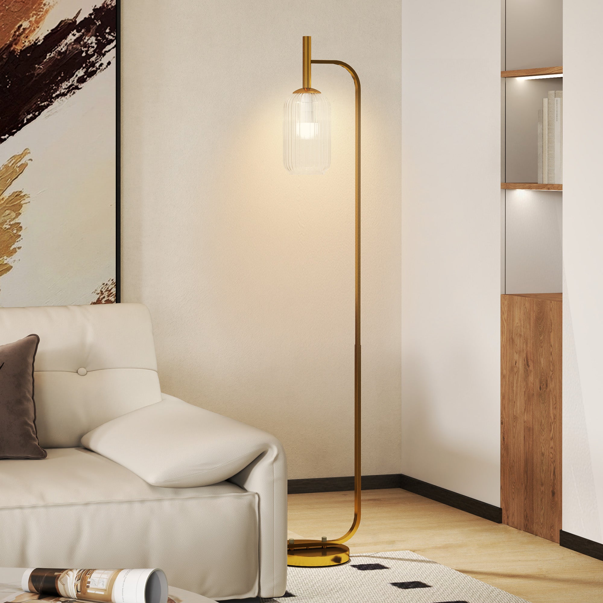 HOMCOM LED Floor Lamp for Living Room with Glass Lampshade, Modern Standing Lamp with Foot Switch, Adjustable Brightness, 2700K for Bedroom, Gold Tone