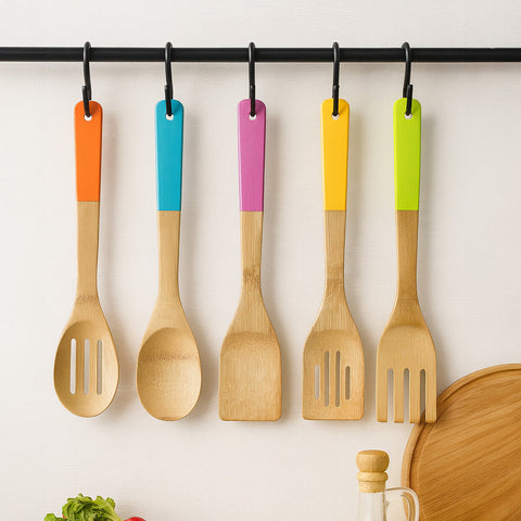 Aleki 5 Piece Bamboo Kitchen Utensil Set With Multi Colour Handles