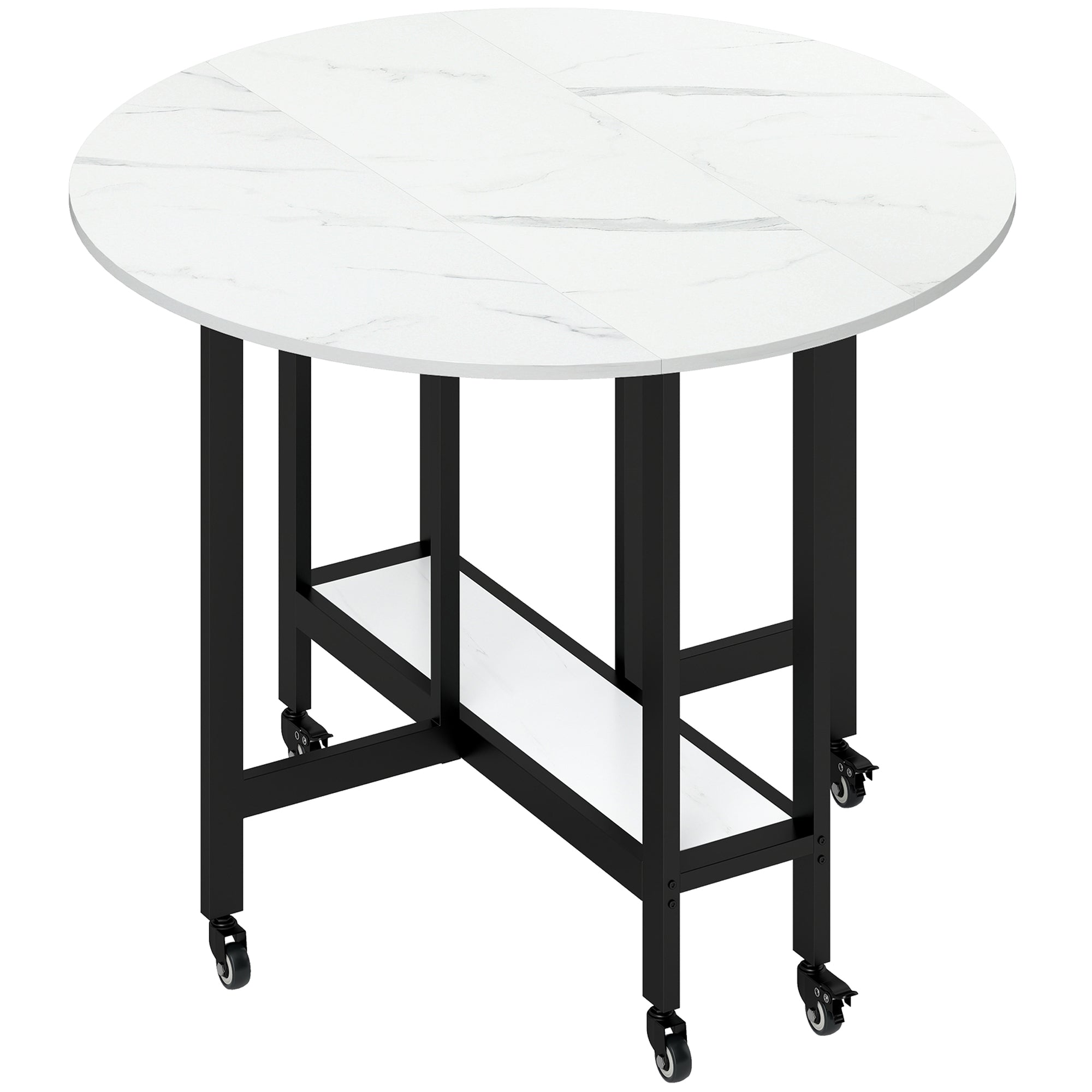 HOMCOM Folding Dining Table, Drop Leaf Table with Open Shelf, Rolling Kitchen Table for Dining Room, Small Spaces, White Marble