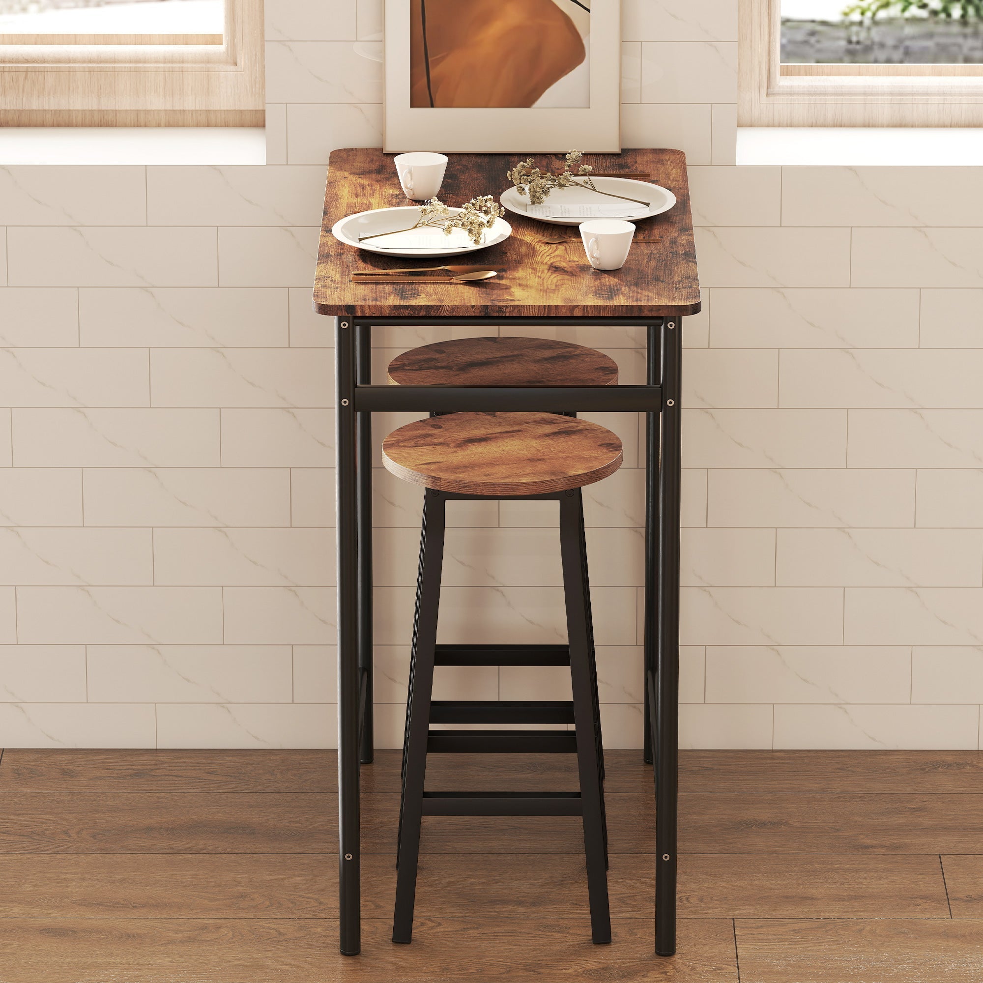 HOMCOM Bar Stools Set of 2 Breakfast Bar Stools with Footrest, Industrial Round, 32 x 32 x 65 cm, Rustic Brown