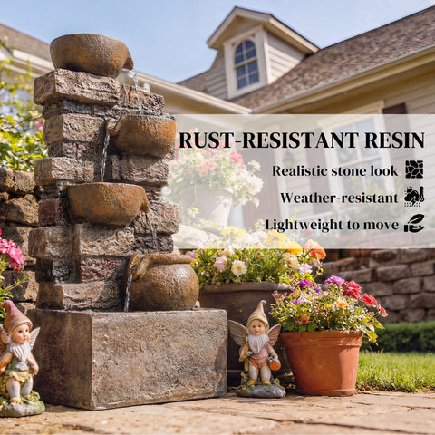 Outsunny 28" 5-Tier Outdoor Fountain, Cascading Waterfall Feature with LED Lights, Adjustable Flow, Rustic Brown