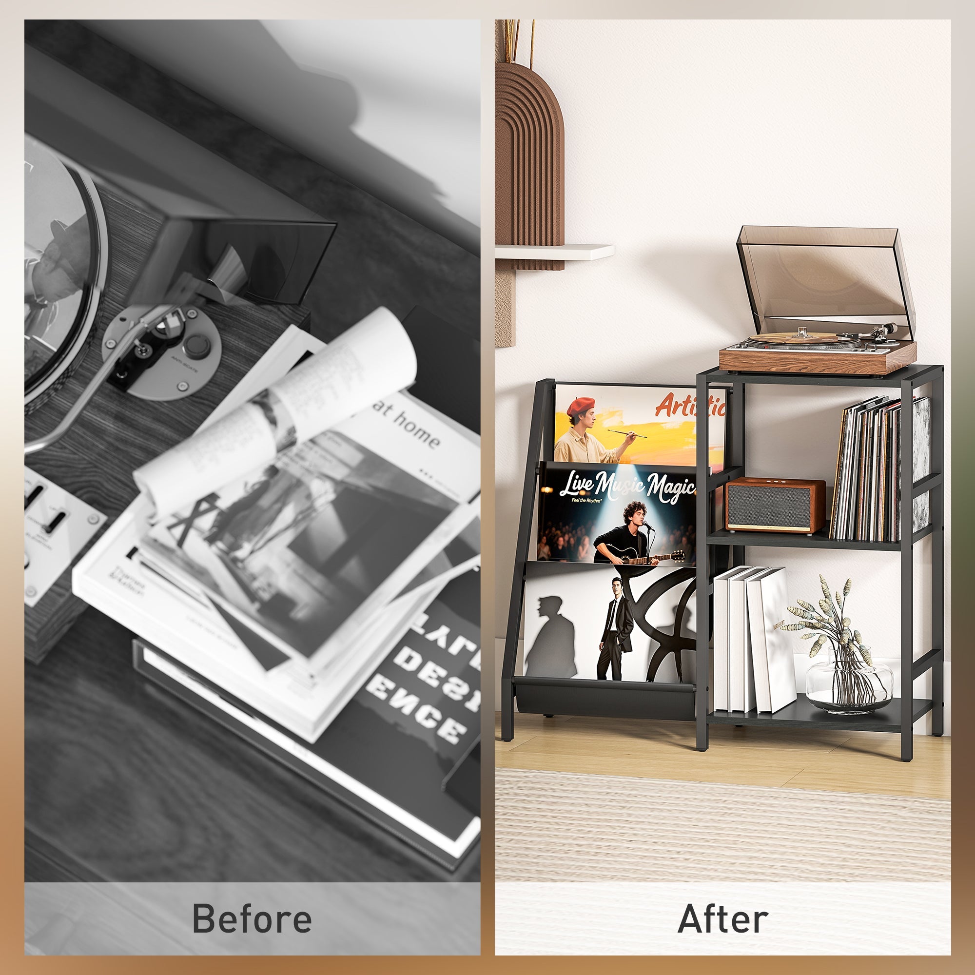 HOMCOM 3-Tier Record Player Stand, End Table for Living Room, Bedroom - Black Wood Effect