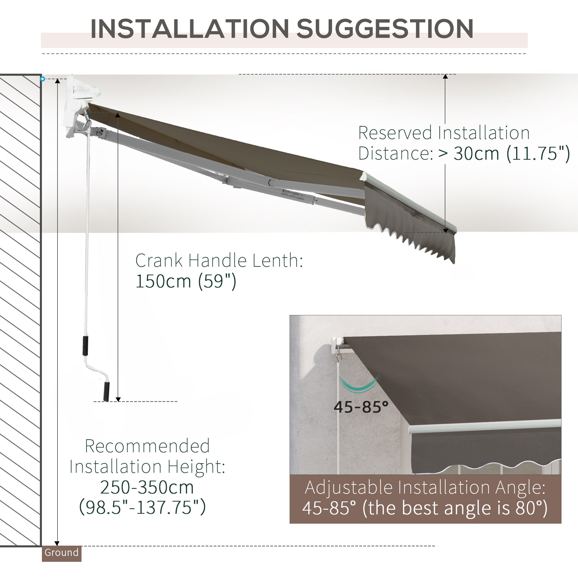 Outsunny Awning Canopy Manual Retractable Porch Sun Shade Shelter 3 x 2m Grey