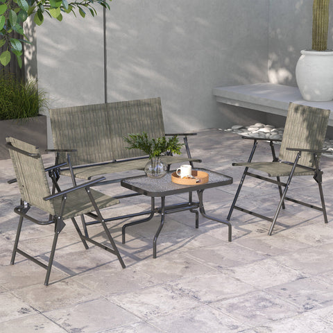 Outsunny Outdoor\'c2\'a04 Pieces Patio Furniture Set with Breathable Mesh Fabric\'c2\'a0Seat & Backrest,\'c2\'a0Garden Set with Two Foldable Armchairs, a Loveseat &\'c2\'a0Glass\'c2\'a0Top\'c2\'a0Table, Mixed Brown