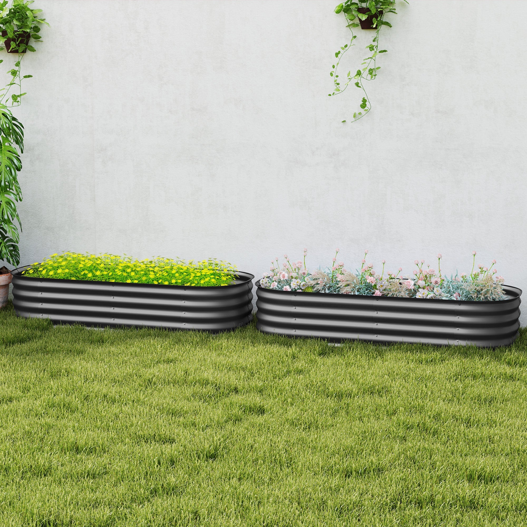 Outsunny Galvanised Raised Garden Bed, Metal Planter Box with Safety Edging, for Flowers, Herbs, Succulents, Pack of 2, Dark Grey