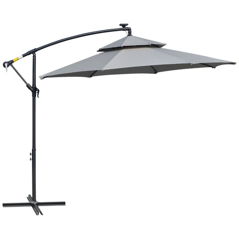 Outsunny 3(m) Cantilever Banana Parasol Hanging Umbrella with Double Roof, LED Solar lights, Crank, 8 Sturdy Ribs and Cross Base for Outdoor, Garden, Patio, Light Grey