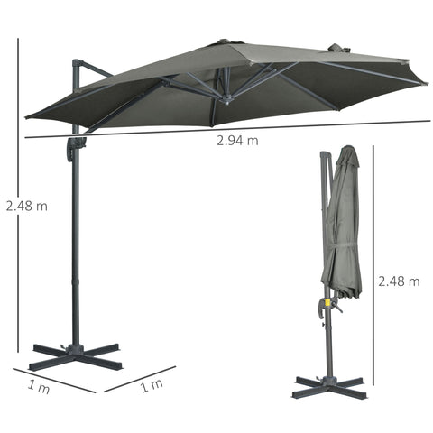 Outsunny 3 x 3(m) Cantilever Parasol with Cross Base, Garden Umbrella with 360\'c2\'b0 Rotation, Crank Handle and Tilt for Outdoor, Patio, Grey
