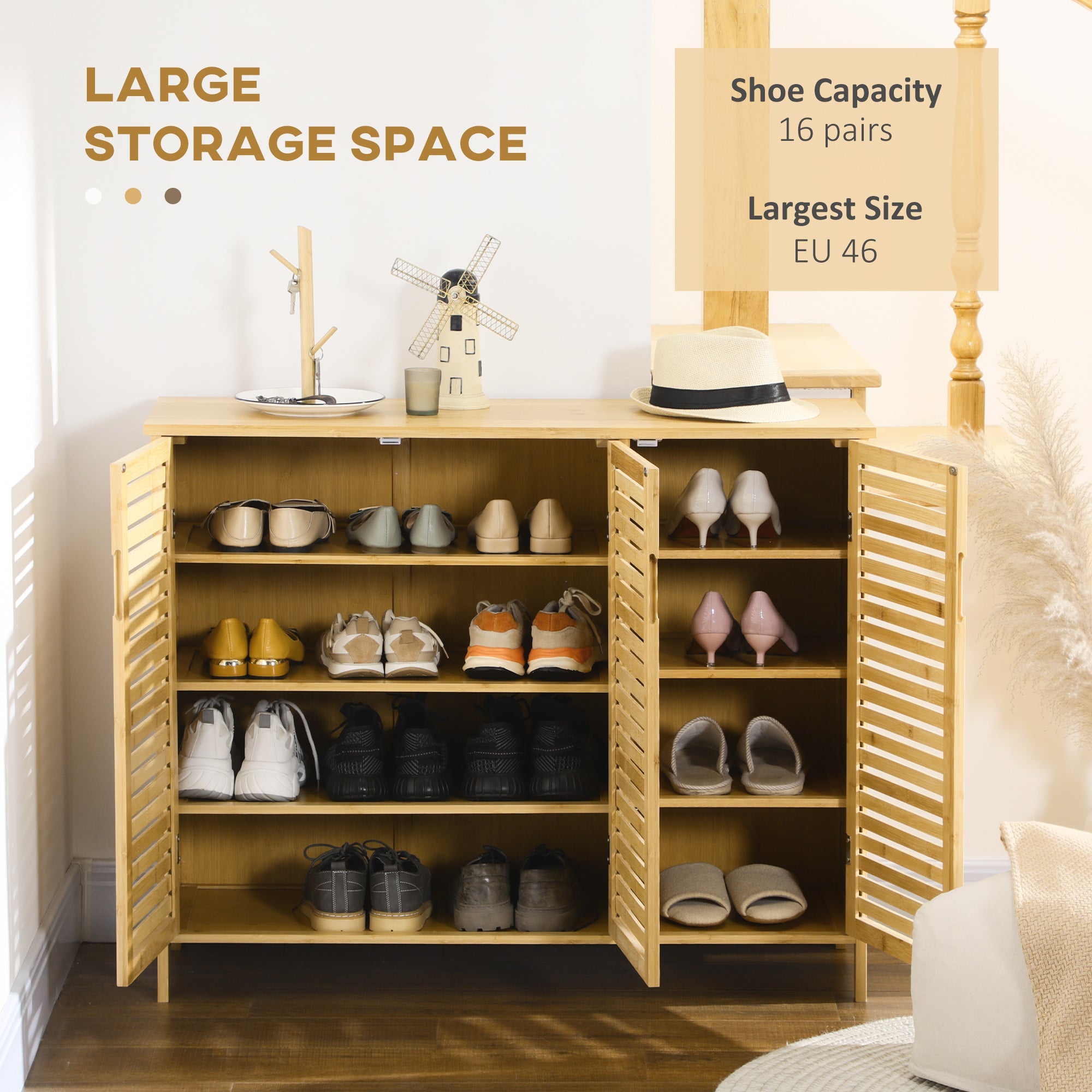 HOMCOM Rustic Shoe Cabinet, 3 Door Shoe Storage Cabinet with 8 Shelves, Natural Wood Finish