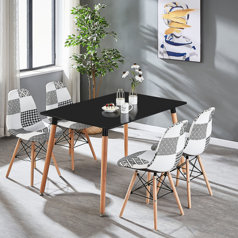Black/White Patchwork Modern Dining Chair with Wooden Legs & Black Metal Wire Frame