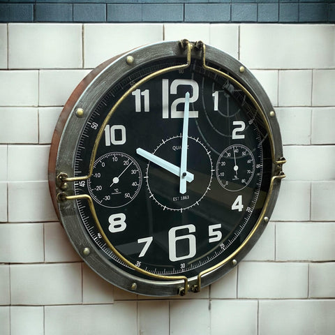 40CM WALL CLOCK - Brass Fittings - Black Clock Face - Requires 1 X AA Battery