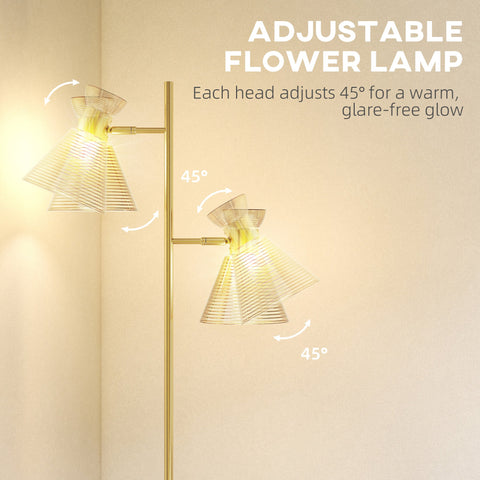 HOMCOM Floor Lamp with Adjustable Dual Head, Modern Standing Lamp with Floral Glass Shades and Foot Switch for Living Room Bedroom, E27 Socket, Bulb Not Included, Gold Tone