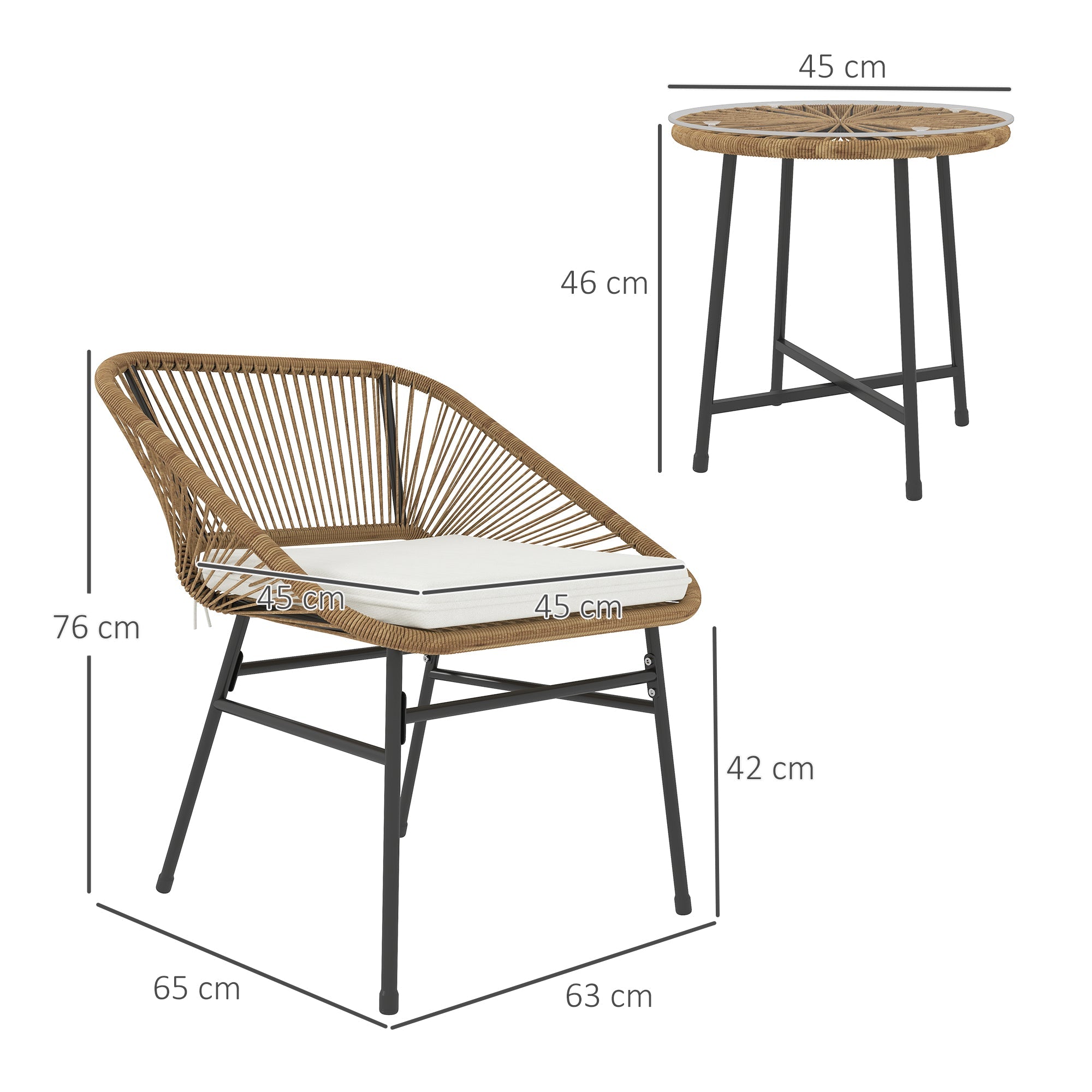 Outsunny 3 Pieces Rattan Bistro Set, Wicker Small Garden Table and Chairs Set with Cushions and Glass Top Coffee Table, Bistro Garden Furniture Set for Outdoor, Patio, Balcony, Natural