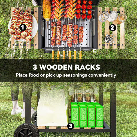 Outsunny Charcoal BBQ Grill with Height Adjustable Charcoal Pan, Portable Barbecue Smoker with Warming Rack, 3 Shelves, Temperature Gauge, Wheels, Bottle Opener for Outdoor Cooking Garden Party