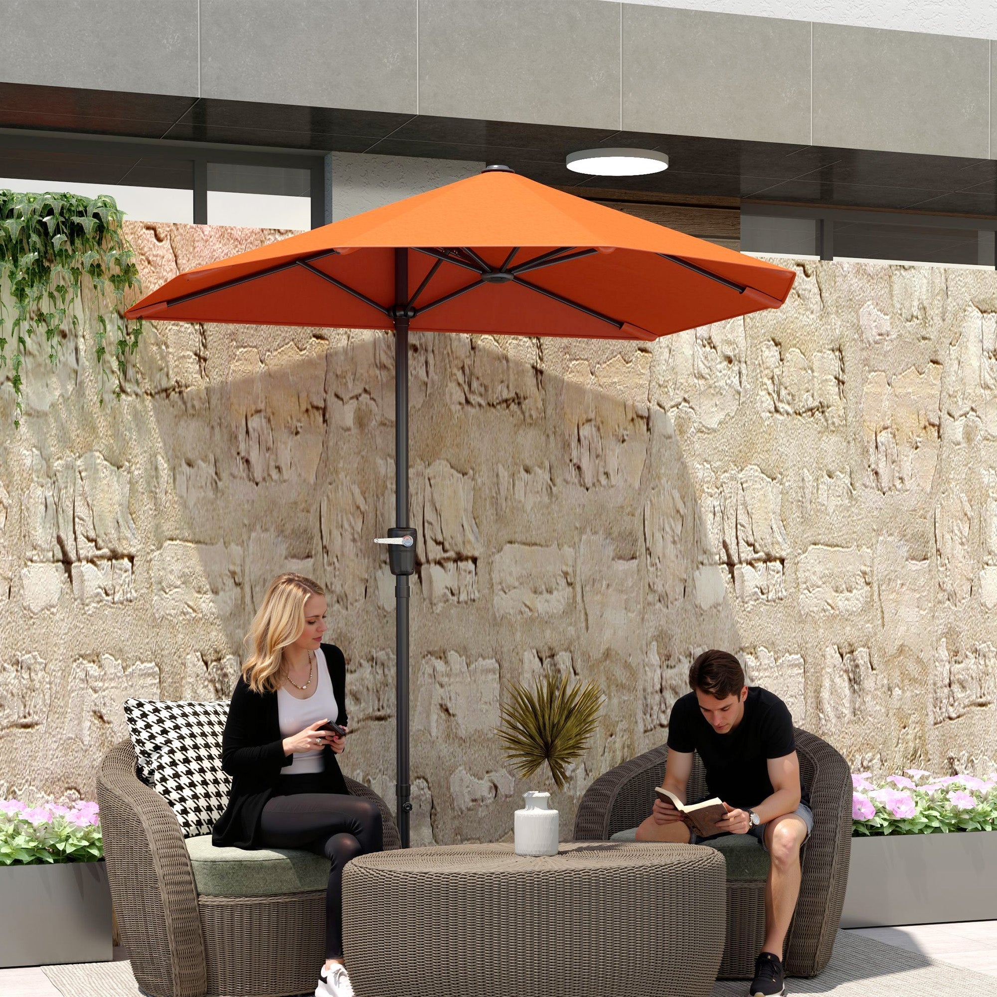 Outsunny 2m Half Parasol Market Umbrella Garden Balcony Parasol with Crank Handle, Cross Base, Double-Sided Canopy, Orange