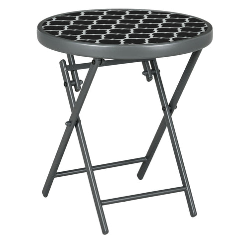 Outsunny \'ce\'a645cm Garden Side Table, Outdoor Round Folding Patio Table with Imitation Marble Glass Top, Small Coffee Table, Black and White
