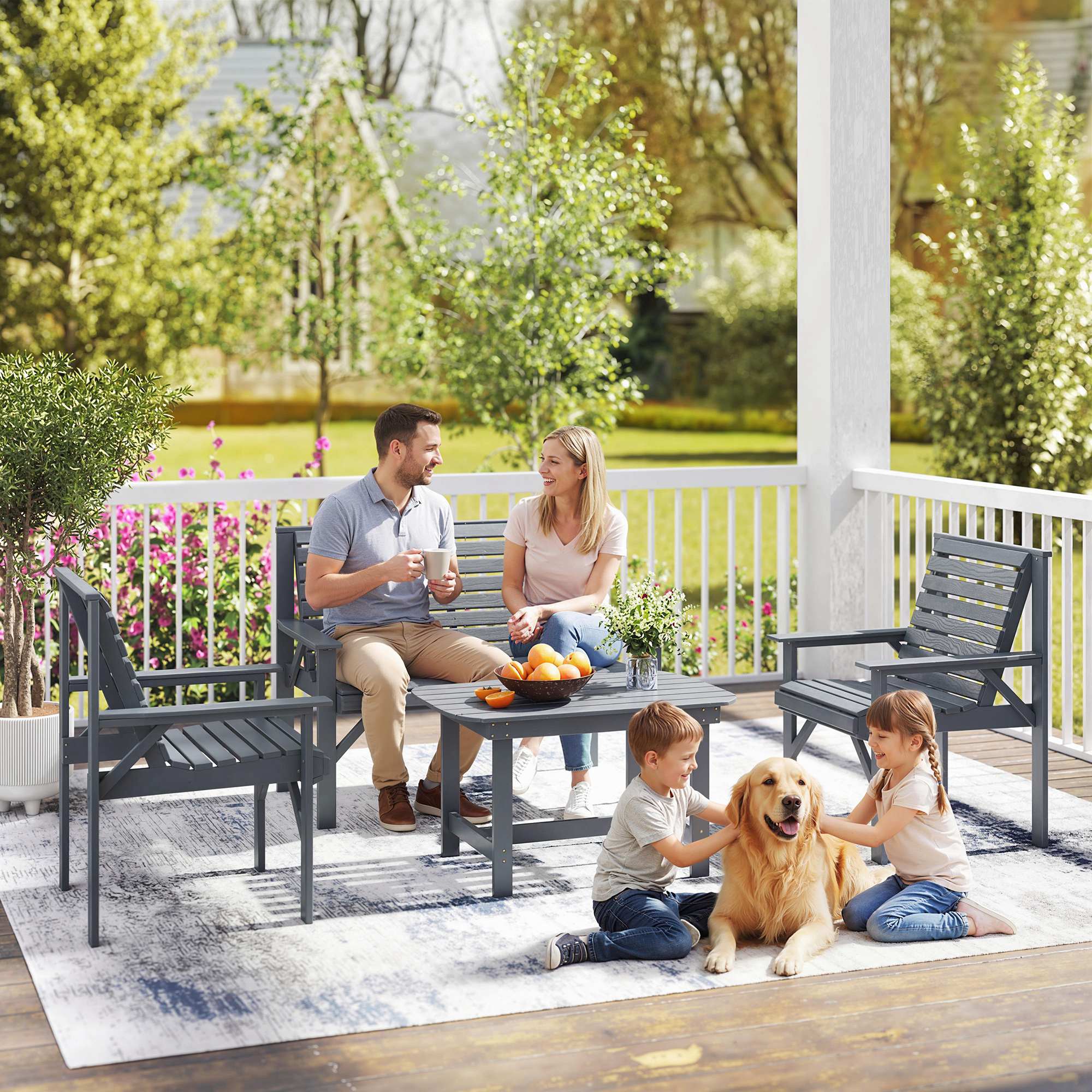 Outsunny 4 Piece Wooden Garden Furniture Set, Outdoor Garden Sofa Set with 2 Armchairs, Loveseat and Coffee Table, Grey