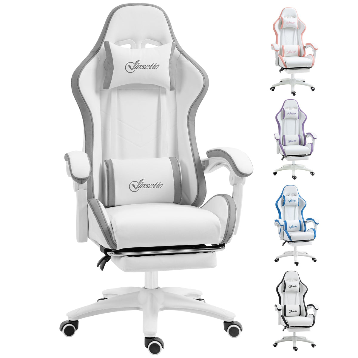 Vinsetto Computer Gaming Chair, PU Leather Desk Chair with Footrest, Swivel Task Chair with 135\'c2\'b0 Reclining Back and Lumbar Support, PC Chair for Adults, White and Grey