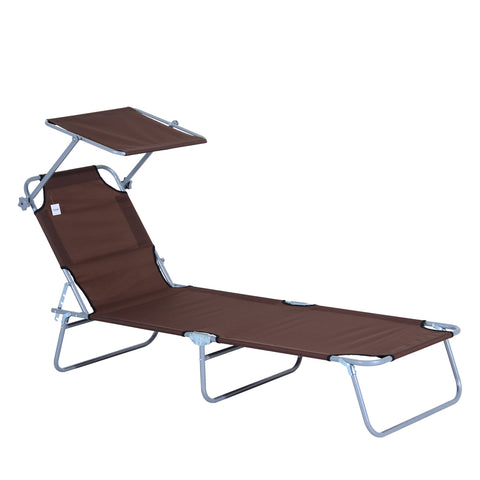 Outsunny Outdoor Foldable Sun Lounger, 4 Level Adjustable Backrest  Reclining Sun Lounger Chair with Angle Adjust Sun Shade Awning for Beach, Garden, Patio, Brown