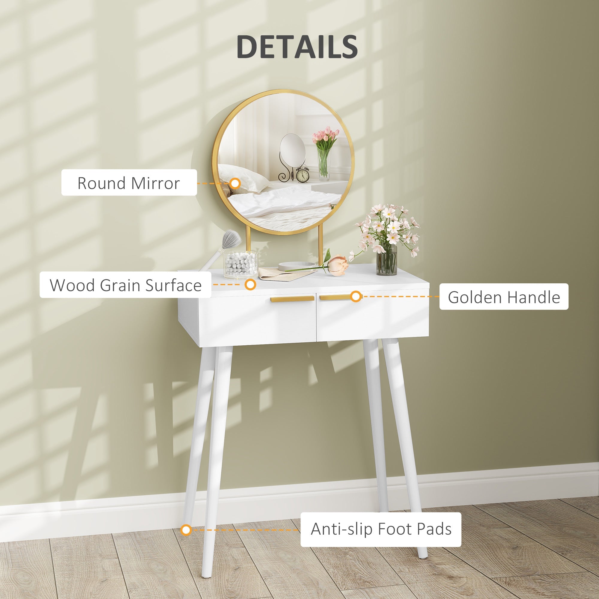 HOMCOM Dressing Table with Round Mirror - White