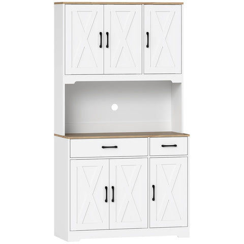 HOMCOM 175 cm Tall Kitchen Pantry Cabinet with Microwave Stand, Freestanding Pantry Cupboard, White