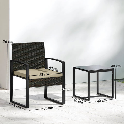 Outsunny Rattan Bistro Set, 3 Piece Garden Furniture Set with Glass Top Table and Cushions, Khaki