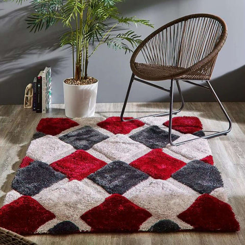 3D Red Geometric Shaggy Rug