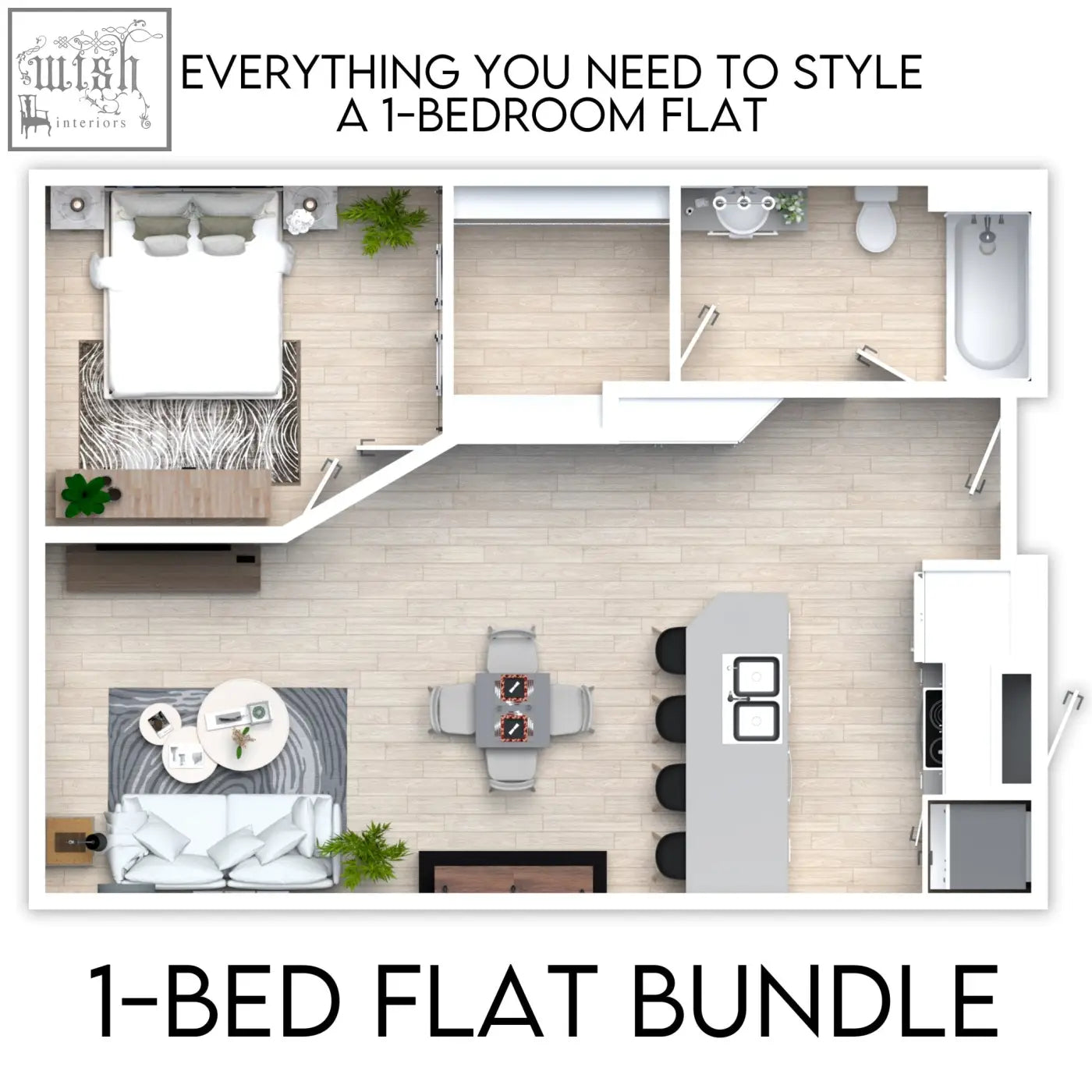 Modern minimalist 1-bedroom flat wall art with white walls light wood flooring and neutral-toned furniture wall art bundle