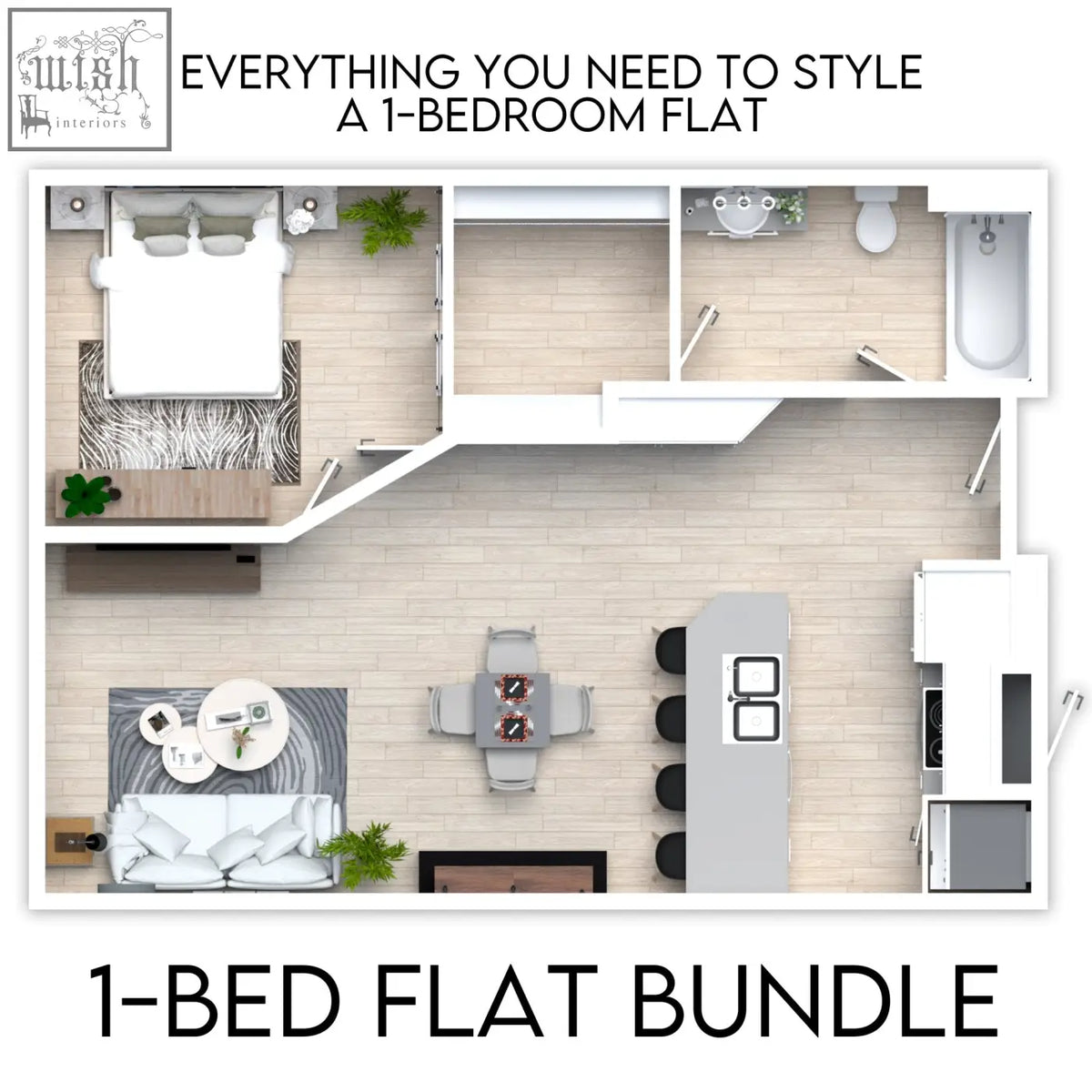 Modern minimalist 1-bedroom flat wall art with white walls light wood flooring and neutral-toned furniture wall art bundle