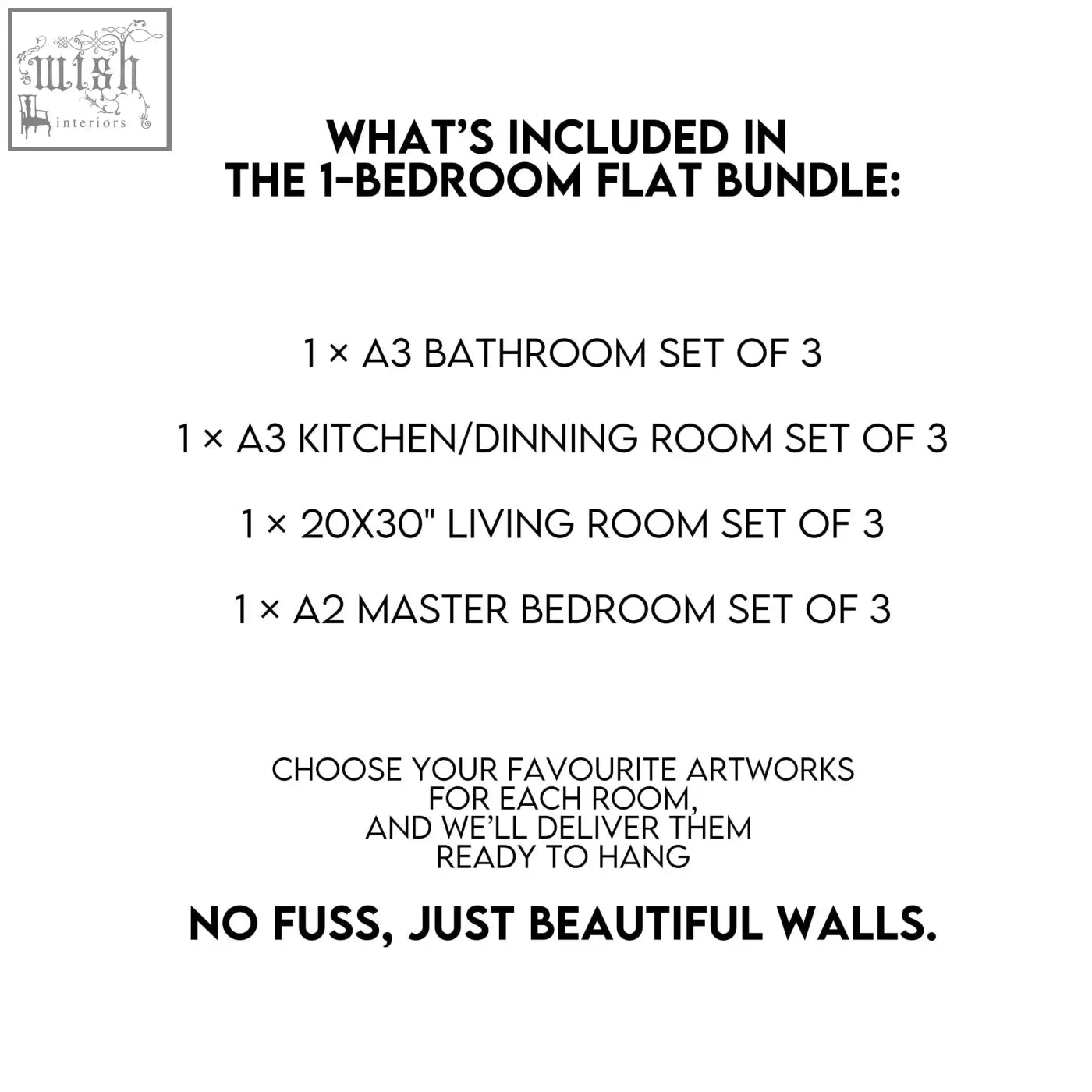 The 1-bedroom flat wall art bundle includes a2 master bedroom and a3 bathroom kitchen dining living room flat wall art sets
