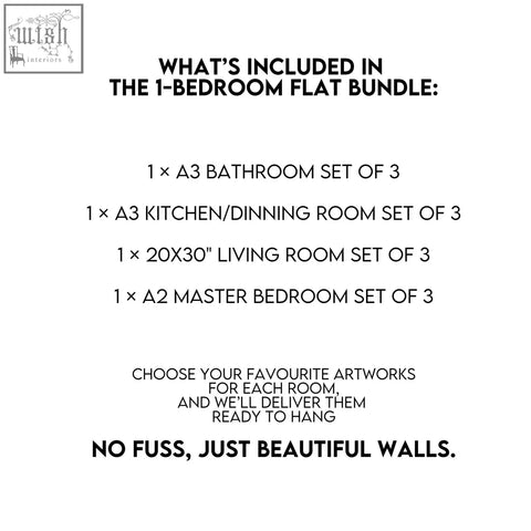 The 1-bedroom flat wall art bundle includes a2 master bedroom and a3 bathroom kitchen dining living room flat wall art sets