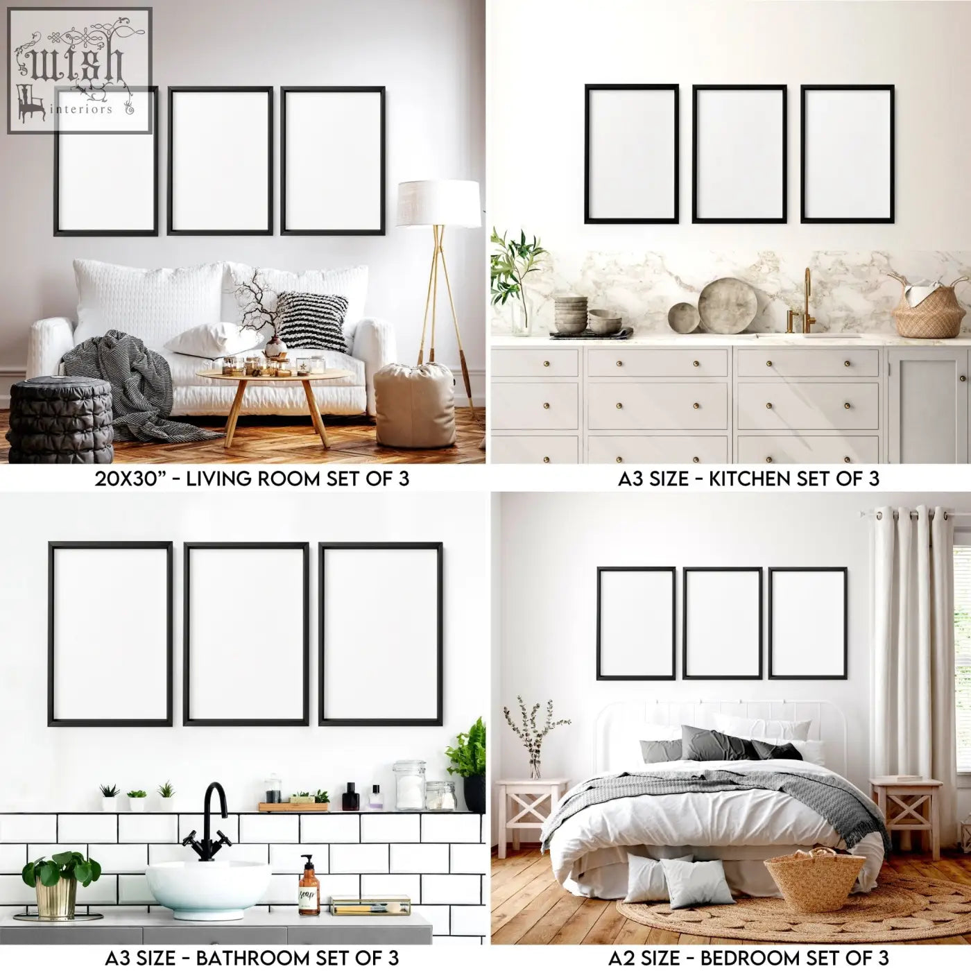 Set of three black-framed blank a3 flat wall art pieces perfect as a wall art bundle for modern interiors