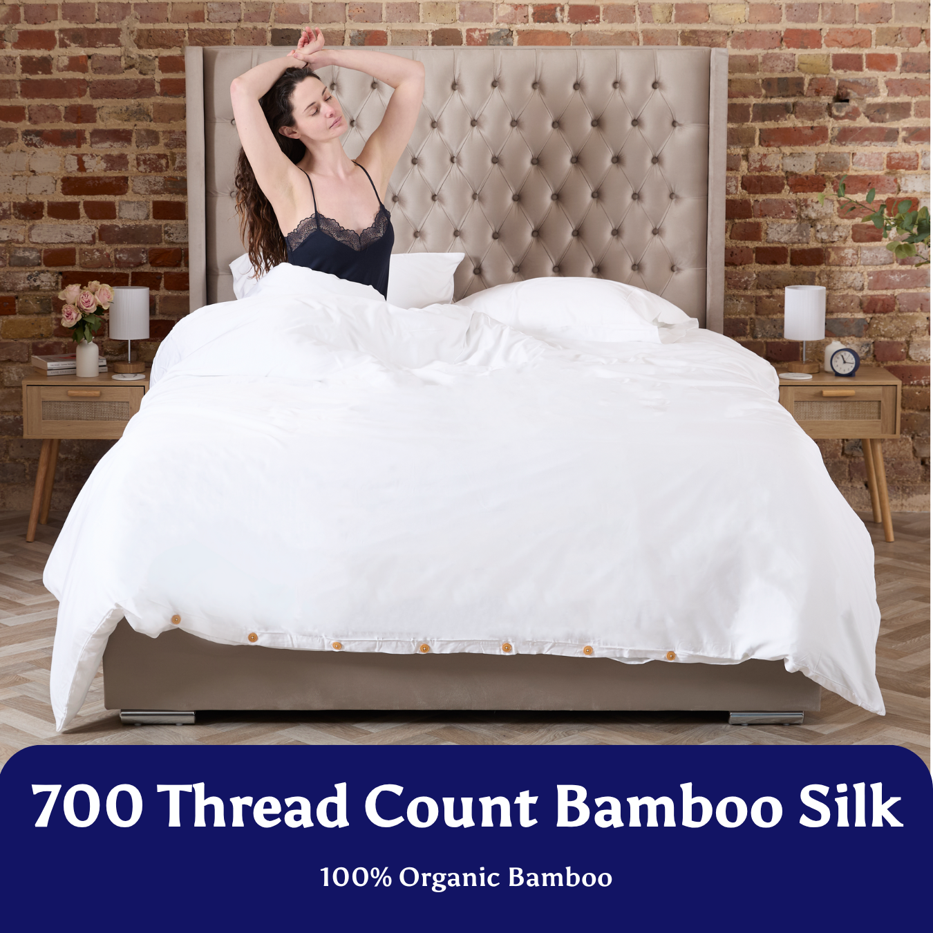 White 700 thread count bamboo silk duvet cover with subtle golden buttons for 100 percent organic bamboo flat bed sheets