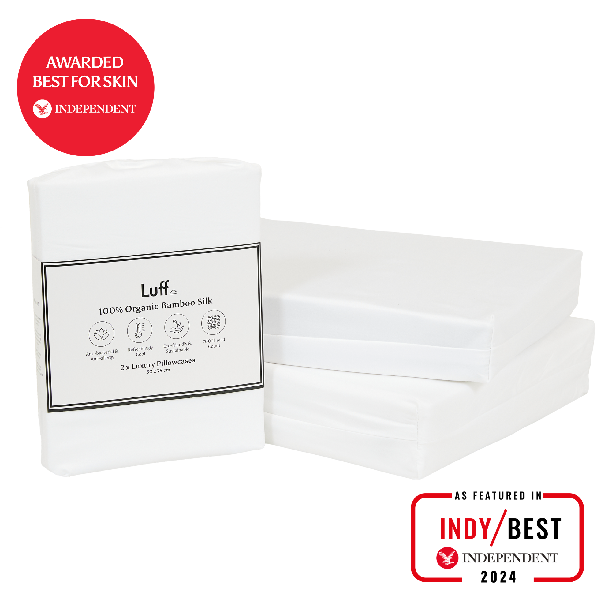 White luff 100 percent organic bamboo silk pillowcases with black labeling in minimalist packaging for duvet cover sets